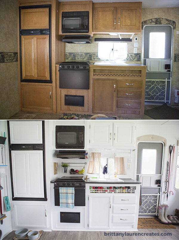 Kitchen before and after in camper